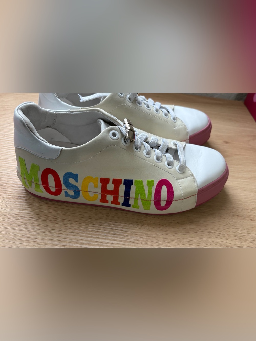 Moschino women White Sneakers with Rainbow Logo and Pink Sole